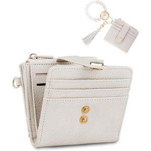 Small Wristlet Wallets for Women Keychain Wristlet Wallet RFID Blocking Key Chain Wallet With Zipper Coin Pocket, 2 Id Window (Beige)
