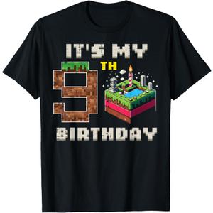 My 9th Birthday Pixel Game 9 Cake Video Gamer Boys Kid Youth T-Shirt, Black, Small Youth