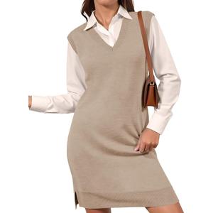 Wenrine Womens Sleeveless Sweater Vest Dress Casual Chunky Knit V Neck Loose Slit Fall Tank Midi Dresses Light Khaki, 