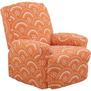 Recliner Slipcovers 4-Pieces Stretch Jacquard Recliner Cover with Printed Pattern Thickened Soft Reclining Chair Slipcover Furniture Protector for Kids Pets Orange