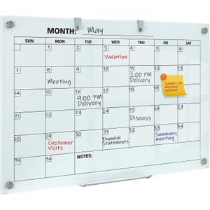 Glass Dry Erase Calendar for Wall, 36 x 24 Inches Magnetic Glass Calendar Whiteboard, 3' x 2' Frameless Monthly Planner Board for Office, Home, School