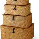 Woanger Set of 4 Wicker Storage Baskets OrganizerHandwoven Storage Bins with Lid for Organizing, Home Utility Box for Home Office Supplies Multipurpose Container(Orange)