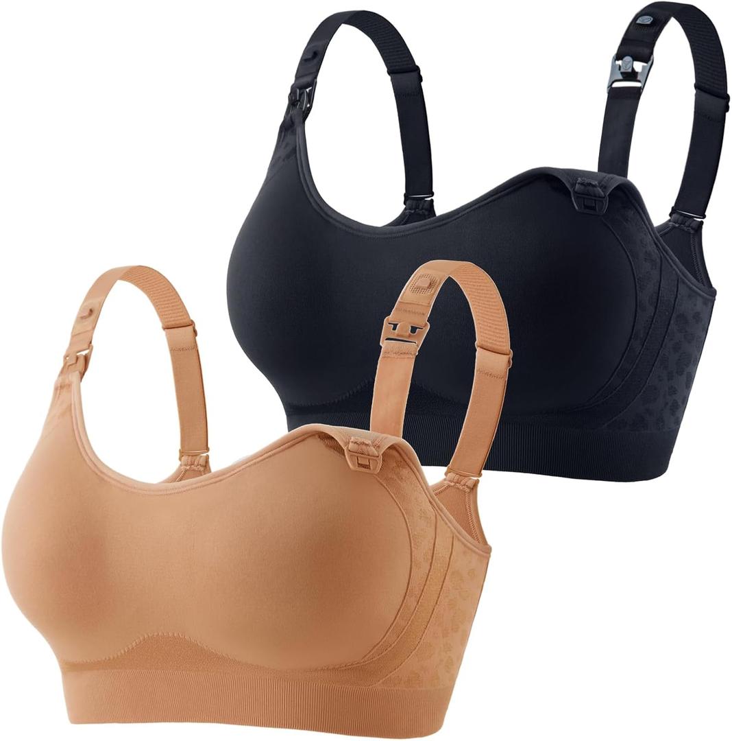 HOFISH Nursing Bra for Breastfeeding with Fixed Pad, TwinClips Wearable Pump Bra, Adjustable Comfort Maternity Bra for Pregnancy, Darkblue+Brown, XL (XL)