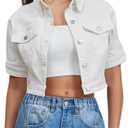 LifeShe Women Stretch Cropped Denim Jacket Short Sleeves Button Down Trucker Jean Jackets Coats, XXL