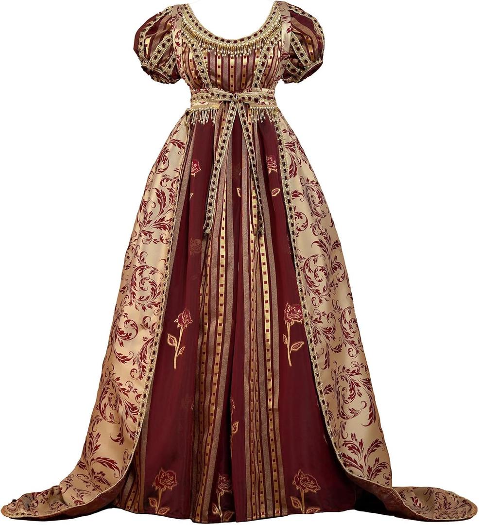 Vibsion Regency Dresses for Women Empire Waist Rose Embroidered Rococo Ball Gown Gothic Victorian Court Dress L Red