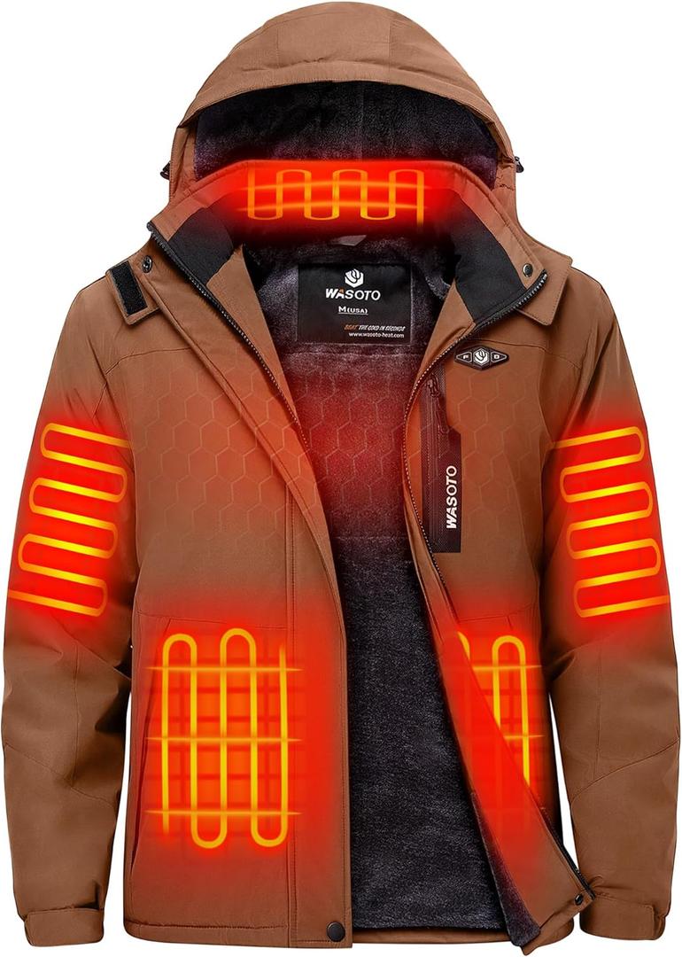WASOTO Heated Jackets for Men Fur Lining with 18400mAh Battery Pack Charger included Rechargeable Waterproof for Hunting Work (2X-Large, Brown)