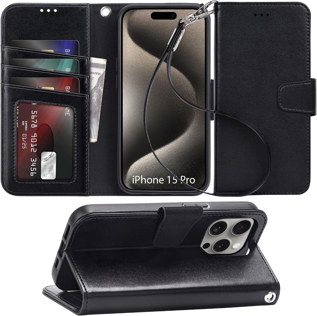 Arae Compatible with iPhone 15 Pro Case with Card Holder and Wrist Strap Wallet Flip Cover for iPhone 15 Pro 6.1 inch,Black