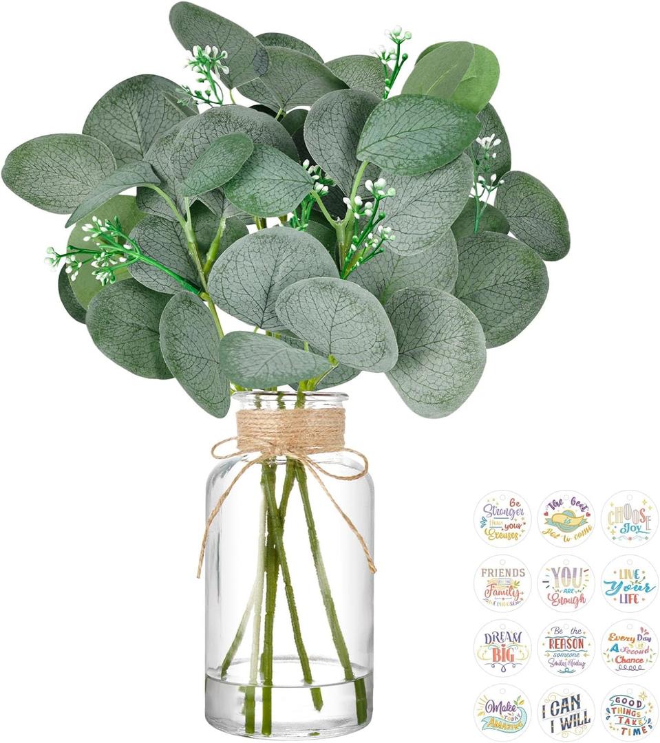 DomeStar 7pcs Artificial Eucalyptus Stems in Clear Vase, 12inch Dried Eucalyptus Plant with Tags Faux Water Dried Flowers Arrangement for Home Office Decoration Wedding Party