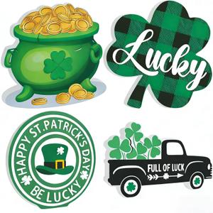 4 PCS St Patricks Day Tables Centerpieces Decorations Wooden, St Patricks Day Tiered Tray Decorations Set for Kitchen Office Home Indoor Mantel Decorations