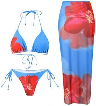 GORGLITTER Women's 3 Piece Swimsuits Floral Print Halter Triangle Tie Side Bikini Set with Cover Up Skirt, Large