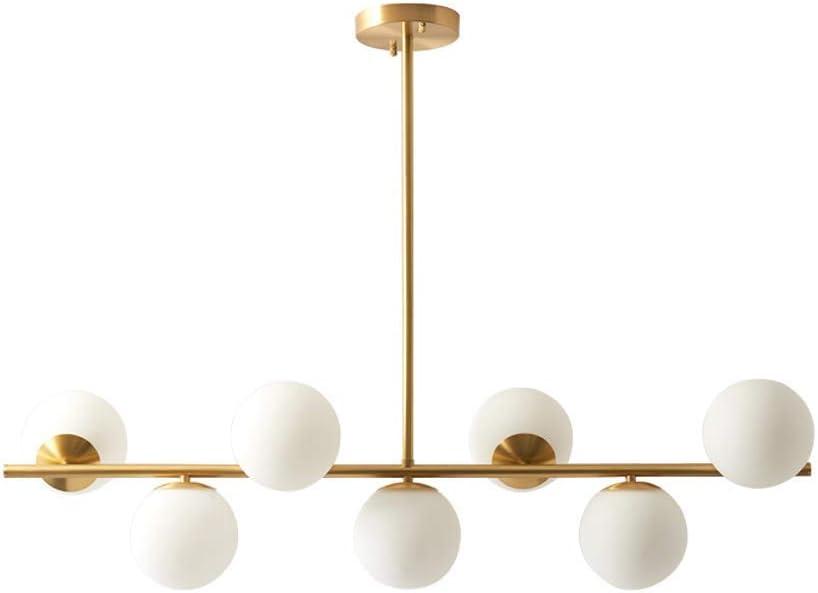 KCO Lighting Modern Brass Linear Chandelier Pendant Light 7-Lights Gold and White Glass Pendant Lighting Mid Century Globe Dining Light Fixture for Living Room Kitchen