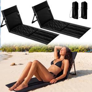 Vicenpal Foldable Beach Lounge Chairs Mats,Black,2 Pack | Low Beach Chair, Portable Lounger, Back Support, Carry Bags, Poolside, Sunbathing, Tanning, Camping, Picnic, Lawn, Backyard