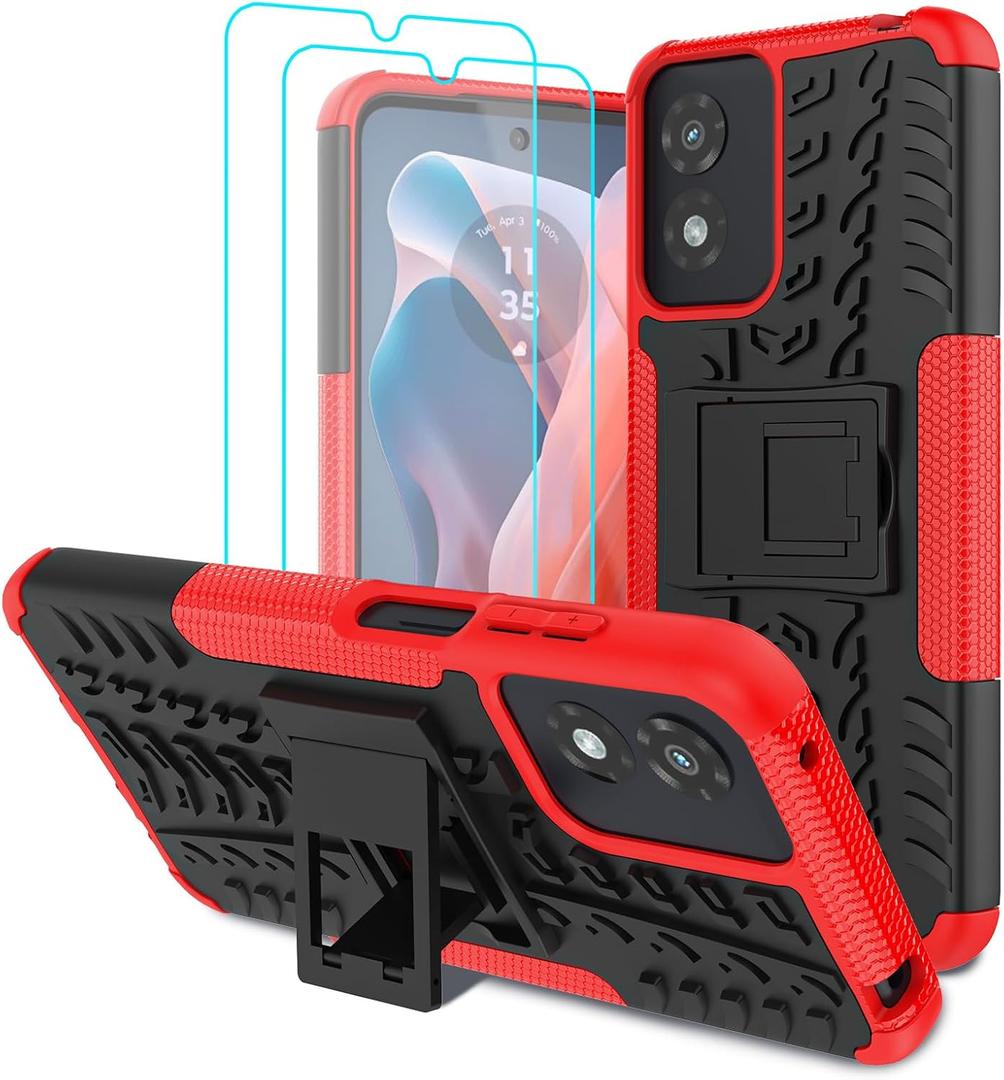 for Moto G Play 2024 Case with 2 Pack Screen Protector,Military Grade Shockproof, Heavy Duty Robust Bumper Cover with Kickstand for Motorola G Play 2024 Phone Red