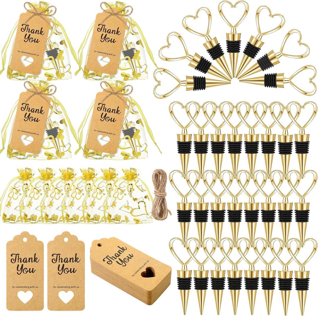 Buryeah 60 Set Heart Shaped Wine Stoppers Bulk Wedding Party Favors Love Design Beverage Bottle Stoppers with Sheer Bags, Labels, Ropes for Engagement Bridal Shower Gifts(Gold) (Gold)