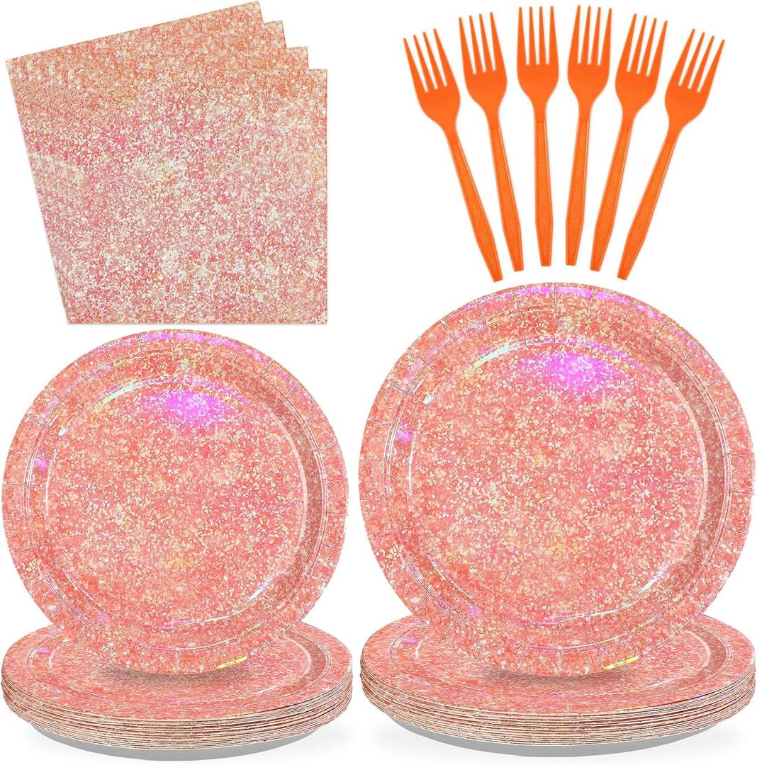 96Pcs Rose Gold Party Plates Iridescent Rose Gold Birthday Decorations Disposable Sprinkle Pink Paper Plates for Girls Women Easter Wedding Birthday Bridal Shower Party Decorations Serves 24