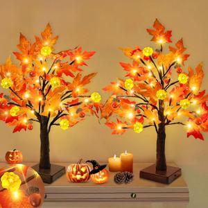 TURNMEON Thanksgiving Decorations 2 Pack 18 Inch Prelit Fall Maple Tree Fall Decor for Home with 48 LEDs Timer Battery Operated Pumpkin Lights 6 Acorn Halloween Thanksgiving Table Decor Indoor Outdoor