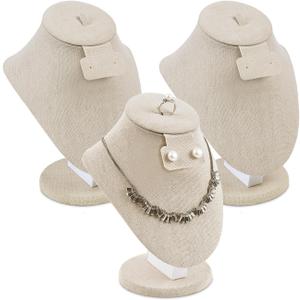 MOOCA 3 Pcs Set Tan Linen Combination Display Jewelry Stand Bust for Necklaces, Earrings, Rings, Jewelry Display For Vendors