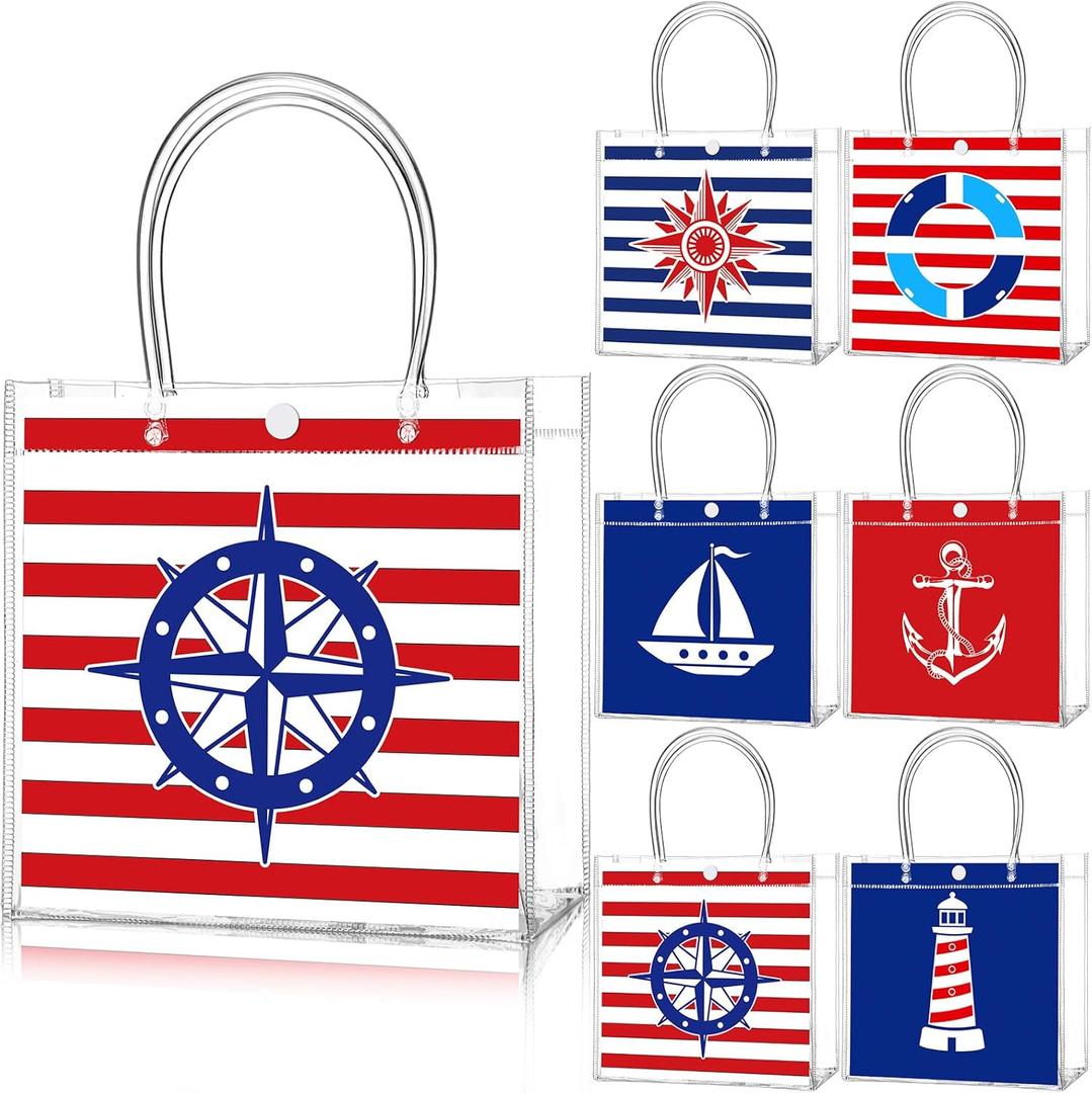 Teenyyou 24 Pcs Nautical Clear Gift Bags with Handles Cruise Party Favors PVC Goodie Treat Candy Tote Plastic Gift Bags for Sailing Theme Birthday Party Supplies
