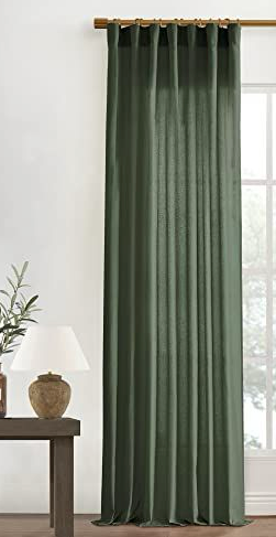 XTMYI 102 Inch Length Olive Green Sheer Linen Curtains 1 Panel,Hook Belt Pleated Back Tab Cotton Polyester Blend Light Filtering Semi Sheer Curtain Drapes for Living Room Bedroom,50x102 in Long