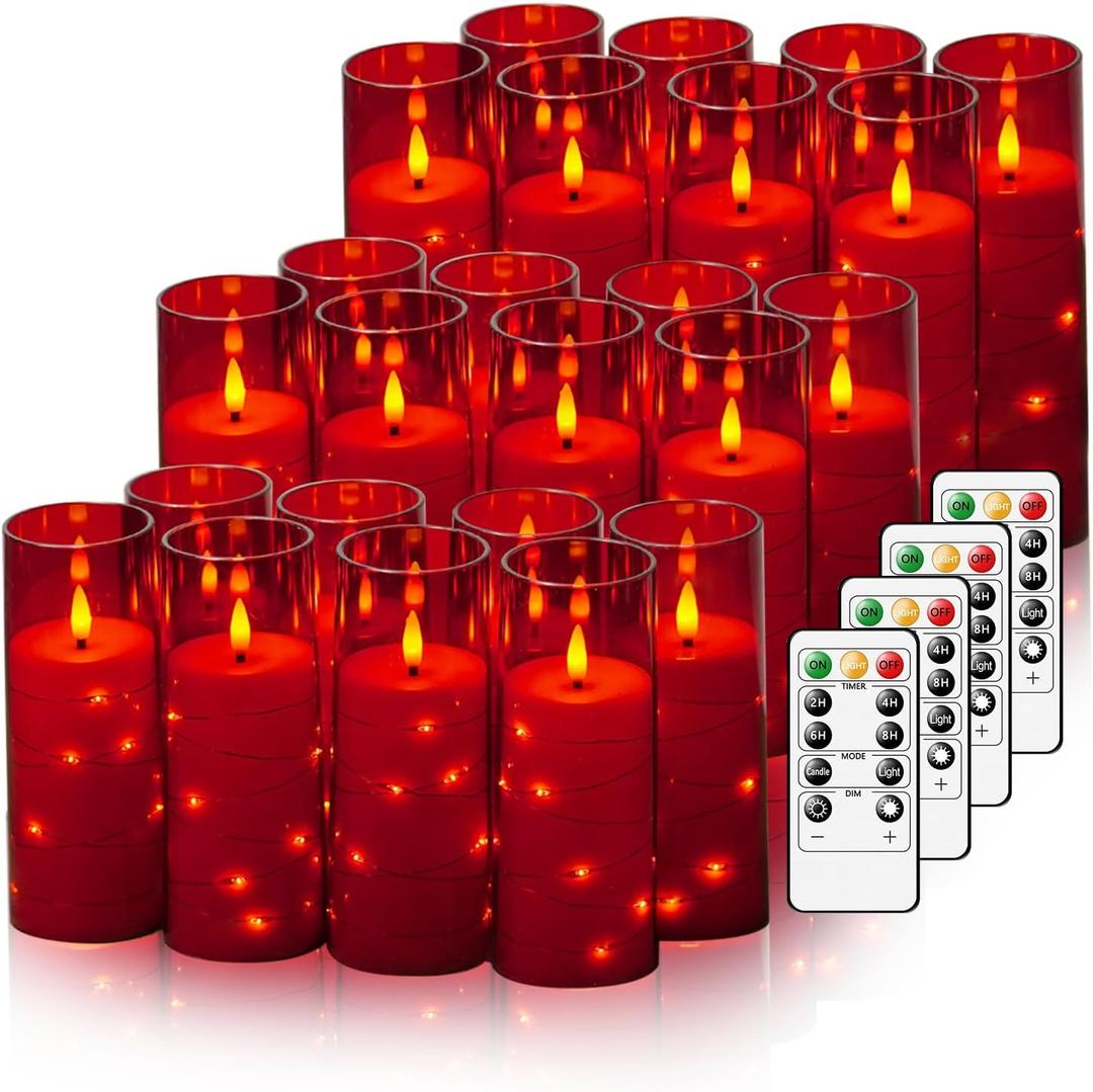 Nimiko Flickering Flameless LED Candles,Battery Operated Candles 24 Pcs with Embedded Star String,Acrylic LED Pillar Candles with Remote,Suitable for Home Decoration to Create an Atmosphere (Red)