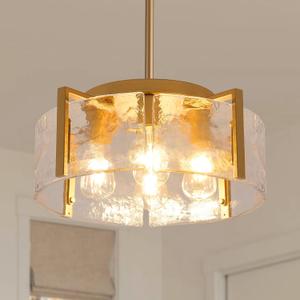 Gold Chandeliers for Dining Room, 4-Light Glass Drum Chandelier Foyer Lighting Fixtures Modern Kitchen Island Pendant Light Over Table for Entryway Hallway Laundry Room Bedroom Bathroom