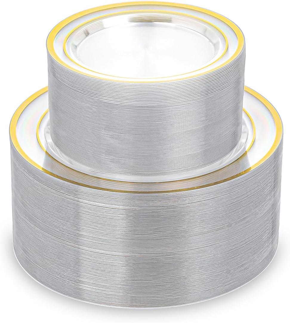 200PCS Clear Plastic Plates with Gold Rim, Disposable Heavy Duty Plastic Plate, 100 Dinner and 100 Dessert Plates for Party and Wedding