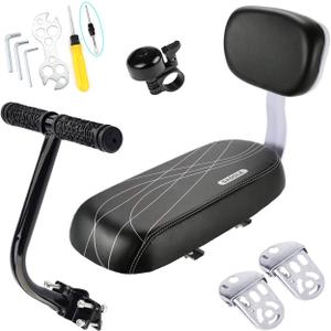 Bike Child Seat Kit, Included Bike Rear Seat Cushion with Safety Cycling Backrest + Backseat Armrest Handrail + Foldable Hidden Bicycle Footrests + Universal Handlebar Bell + Installing Tools