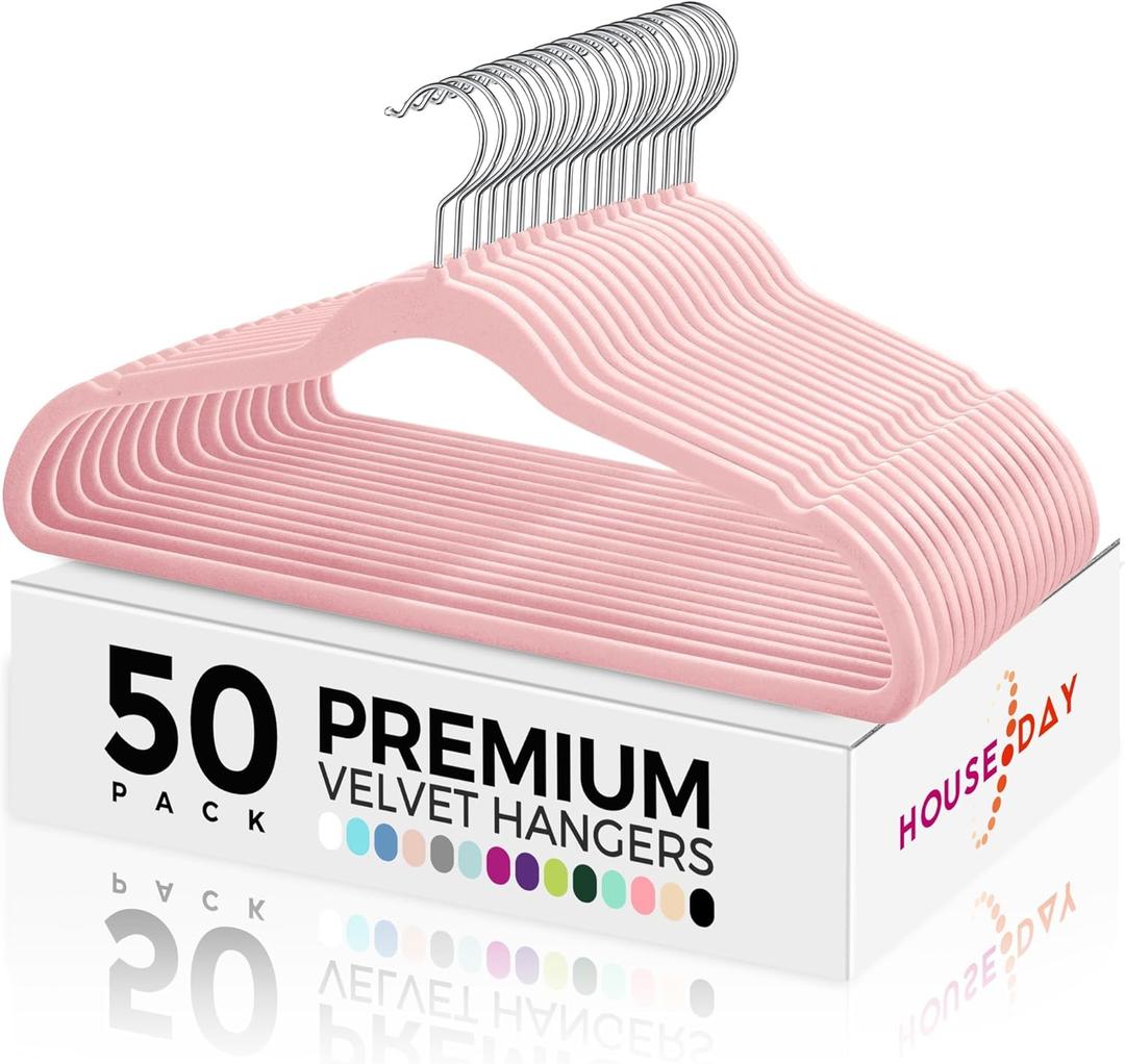 HOUSE DAY Premium Velvet Hangers 50 Pack Pink, Non-Slip Flocked Felt Hangers, Sturdy Clothes Hanger Heavy Duty Coat Hanger, Durable Slim for Closet Space Saving (Light Pink/ Silver)