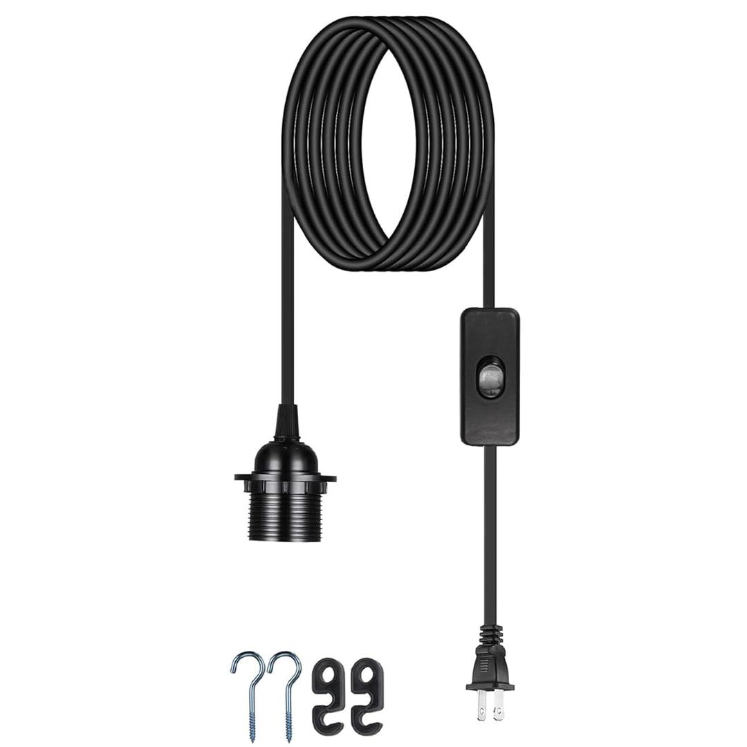 Plug in Pendant Light Cord - 16Ft Hanging Light Kit E26/E27 Light Socket Hanging Lantern Lamp Cord with On/Off Switch,Socket Rings, 1 Pack, Black