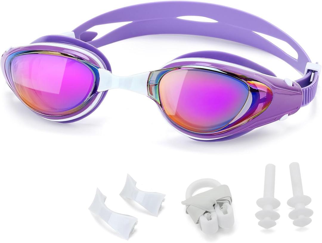 Nearsighted Swim Goggles, Shortsighted Optical Swimming Goggles No Leaking Anti Fog UV Protection for Adult Men Women (-4, Purple)
