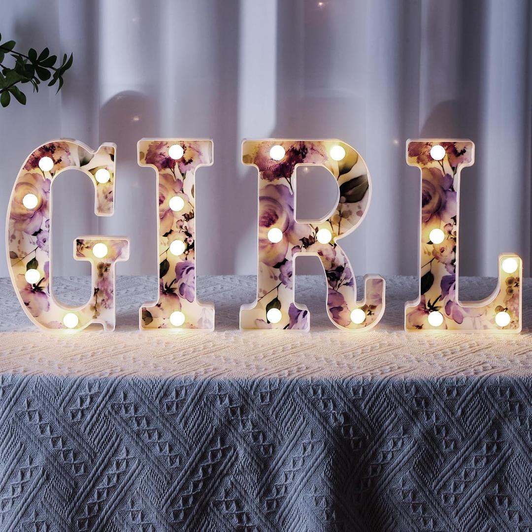 Realspring Girl Letters Sign Baby Marquee Light up Letters LED Flower Baby Shower Table Centerpieces Decor for Gender Reveal Birthday Party, 8.26''(Purple,Rose)