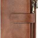 GOIACII Womens Wallets Rfid Credit Card Holder with 2 Zipper Pockets, 3 ID Windows Ladies Purse Leather (Brown)