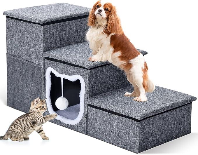 Bilibara Dog Stairs for Small Dogs 16'' H, Foldable Pet Steps for High Bed, NonSlip 3Step Cat Stairs with Storage, Condo and Fluffy Ball, Small Dog Indoor Ramp for Couch Window
