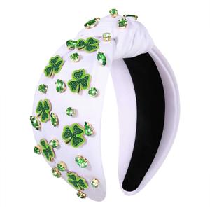 YAHPERN St. Patricks Day Headband for Women Good Luck Shamrock Knotted Green Crystal Wide Top Knot Headband Lucky Irish Holiday St. Patricks Day Hair Accessories Party Gifts (Shamrock 4)