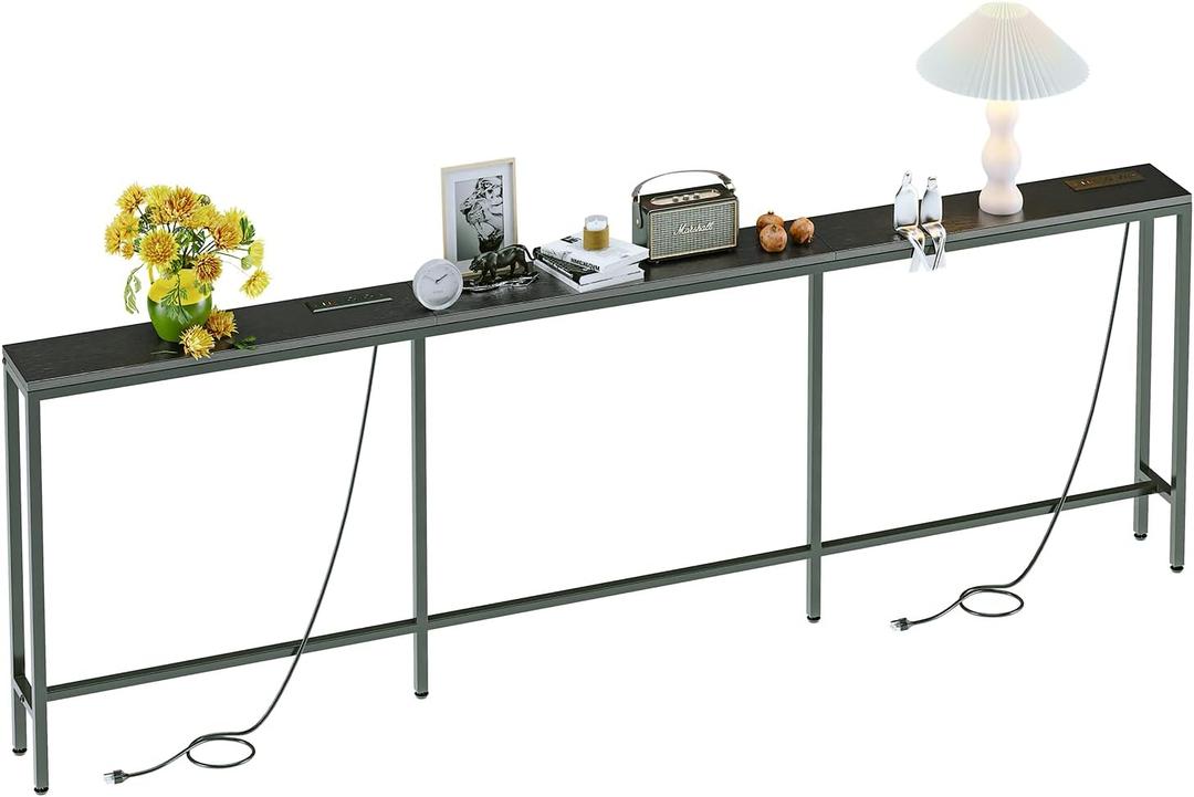 94.5" Behind Couch Table with 2 Fast Charging Stations, 7.1" Narrow Skinny Sofa Table with 4 Power Outlets, 4 USB-A, 2 USB-C for Console Entryway, Black