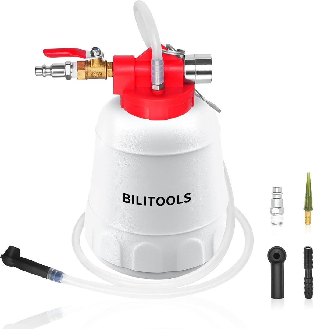 BILITOOLS 1L Brake Bleeder Vacuum Pump Kit Air Compressor, Universal One Person Pneumatic Brake System Clutch Fluid Bleeding Extractor Tool with Adapters