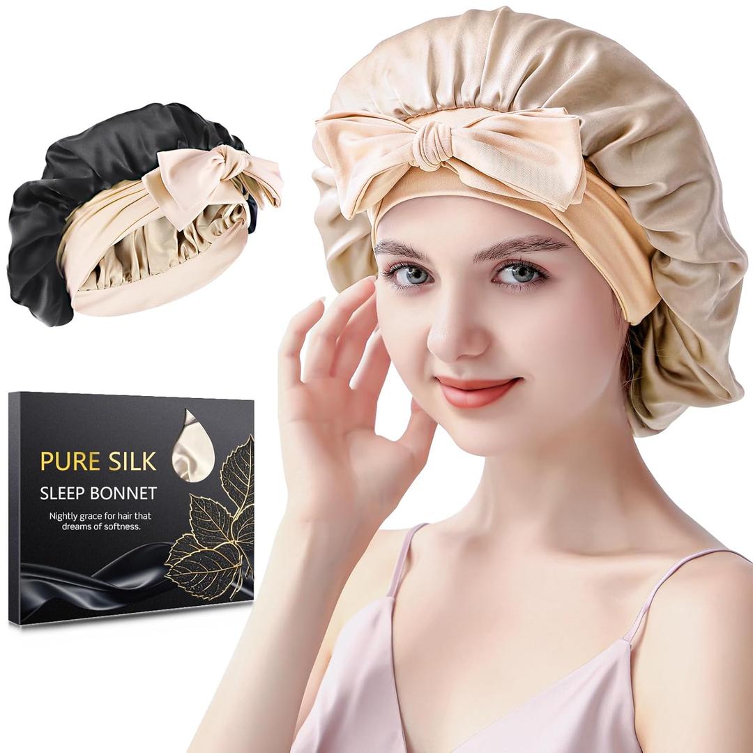 Silk Bonnet for Sleeping Women, 22 Momme 100% Mulberry Silk Sleep Cap, Double-Layer Reversible Silk Hair Wrap for Women & Night Hair Care, Fits All Hair Types - Champagne