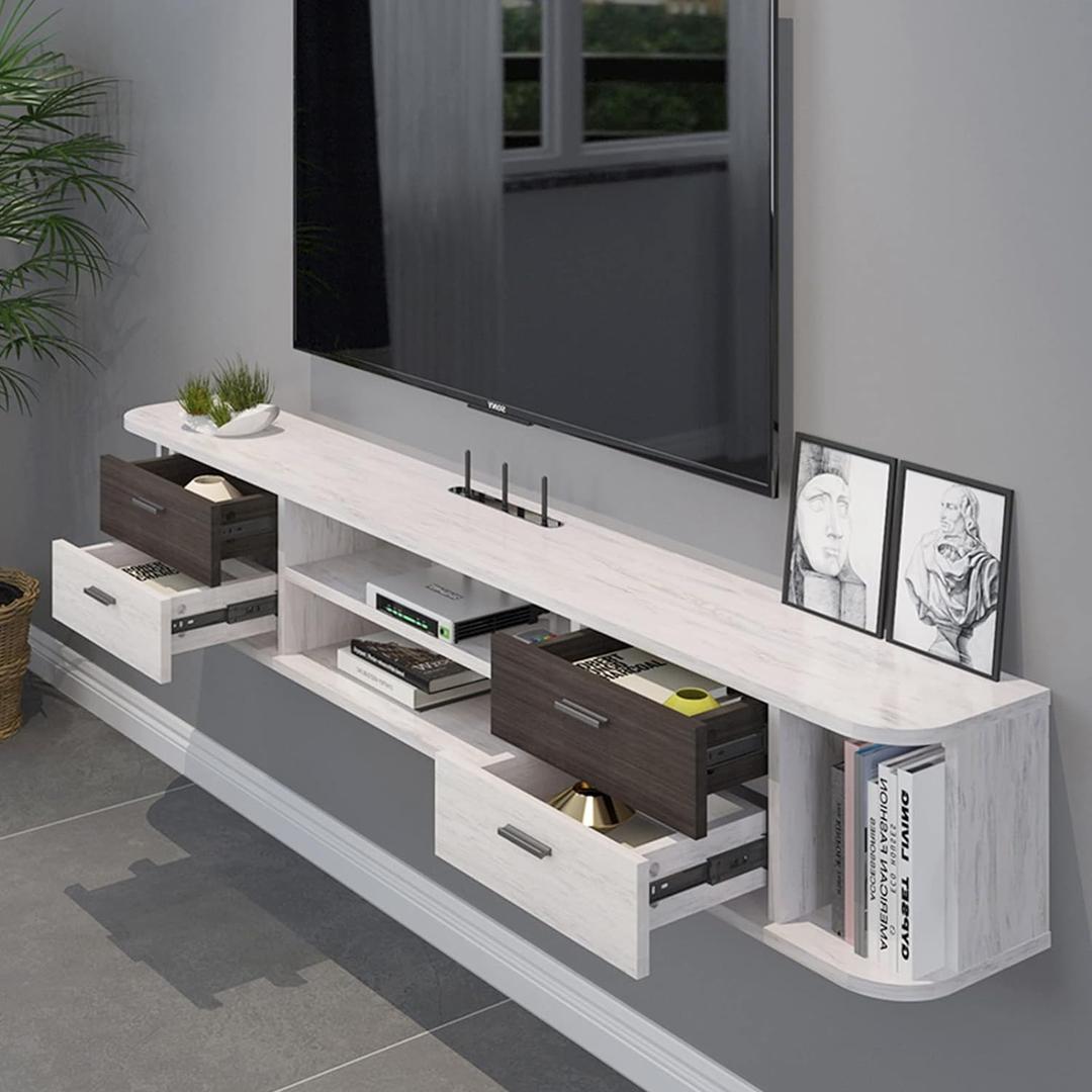 Pmnianhua Floating TV Stand 4 Drawers,66'' Wall Mounted Floating Media Console Under TV Entertainment Shelf Wall TV Cabinet with Drawers and Cabinets for Bedroom Living Room (Greyish-White)