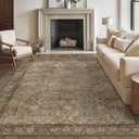 Bavni Washable Rug 8x10 Area Rug for Living Room Bedroom Dining, Washable Vintage Print Carpet, Ultra-Thin Chenille Low Pile Lightweight Rug with Non Slip Backing, Warm Taupe