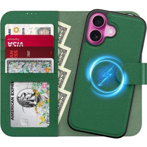 LUHOURI for iPhone 17 Case Wallet - Wireless Charging Compatible Detachable Flip Folio Leather Cover - RFID Blocking 4 Card Slots Holder - Protective Phone Case for Women/Men - Green