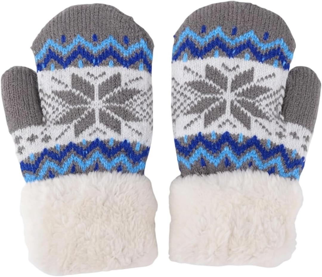 Kids Winter Warm Knit Mittens-Double Layer Thickn Outdoor Gloves Soft Stretchy Snowflakes Gloves for Boys Girls 5-10Y (3-7Years, Grey)