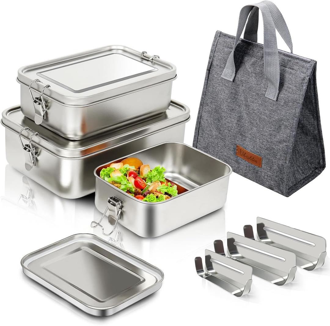 304 Stainless Steel Bento Box 3 Pack Stainless Steel Containers With Lids 81oz/47oz/29oz, Leak-Proof & Stackable Storage Stainless Steel Food Storage Containers for Soup Salad Leftover (2400m+1400ml+850ml)