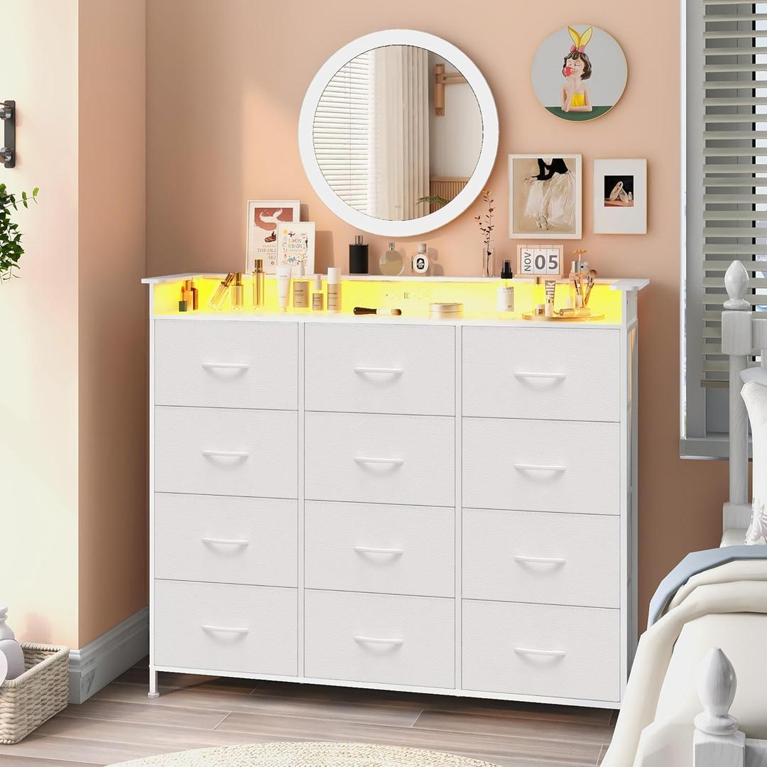 White Dresser with LED Lights and Charging Station for Bedroom 12 Drawers Dressers & Chest of Drawers Tall Dressers for Hallway Entryway Closets Living ROM Sturdy Steel Frame Wood Top, 49.7"D x 18.5"W x 41.7"H