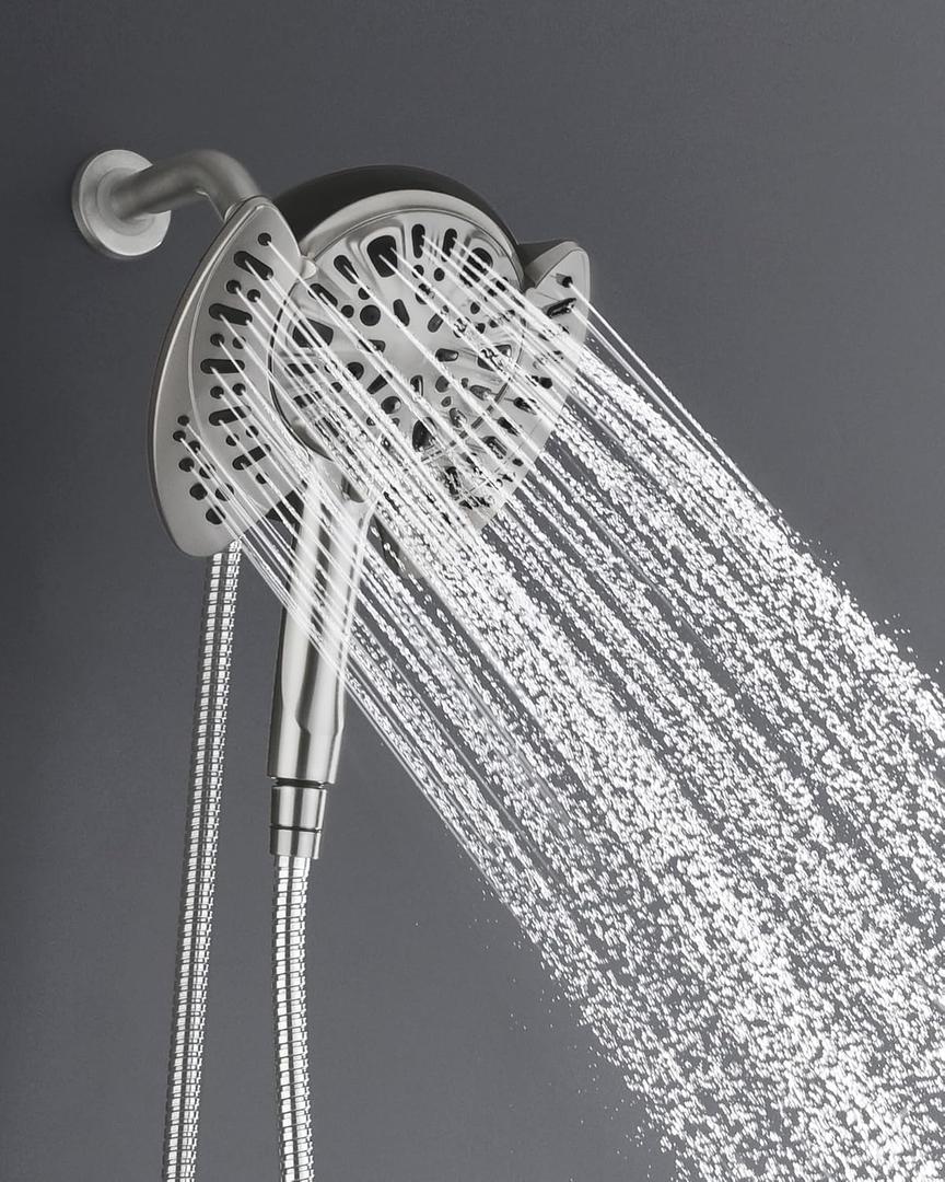 INAVAMZ 2-in-1 Shower Head with Handheld Combo: Rainfall Shower Head & Detachable Shower Head Use Together or Alone, 9 Spray Settings Showerhead with Hose Nickel, Shower Trim Systems