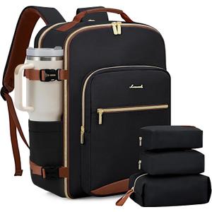 LOVEVOOK 50L Large Travel Backpack for Women Men Fits 17 Inch Laptop, Carry on Backpack for Traveling on Airplane, Personal Item Bag Airline Approved, Business Causal Weekender Backpack, Black-Brown (50L-18.3 Inch-4Pcs)