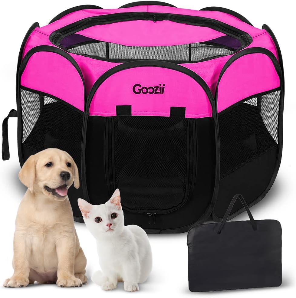 GOOZII Portable Dog Playpen for Small Dogs Indoor Outdoor, Foldable Pet Puppy Playpens Kennel Tent with Top Cover Door for House Cat Kitty for Dog Lover as (Medium Size, Black)