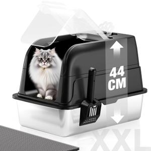 Stainless Steel Cat Litter Box with Lid, XL Large Enclosed High Sided Cat Litter Box, Metal Cat Box with 120° Fully Transparent Detachable Lid, Scoop & Mat - Black