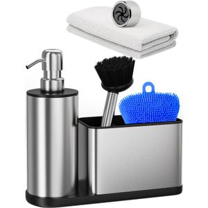 NEKEET All-in-One Kitchen Soap Dispenser Set with Sponge Holder  Stainless Steel Dish Soap Dispenser for Kitchen Sink Organizer with Silicone Sponge, Brush, Towel & Adhesive Hook