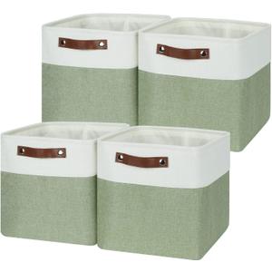 Temary Fabric Storage Bins for Organizing Clothes, Closet Baskets with Handles - Decorative Storage Boxes for Home (White & Green, 12 Inch, 4 Pack)