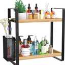 LEMIKKLE 2-Tier Wood Bathroom Counter Organizer with Basket,Waterproof Vanity Perfume Skincare Storage for Bathroom, Kitchen, Dresser